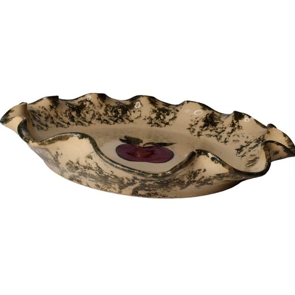 NC Piney Woods Art Pottery Apple Pie Dish Vintage Spongeware Ruffled Edge Baking - Picture 3 of 5
